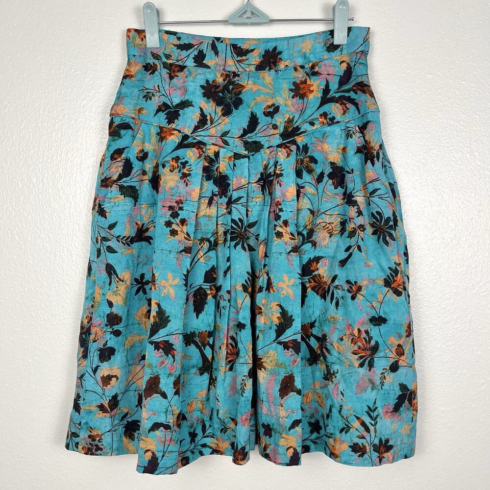 Peruvian Connection Turquoise Blue Floral Pleated Knee-Length A-Line Skirt Sz 2